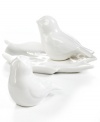 Sweet but sleek. Bird salt and pepper shakers are natural companions to the modern table setting, perched on a leaf-shaped tray in glazed white porcelain from Martha Stewart Collection.