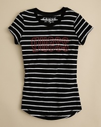 Your rhinestone cowgirl will love this super striped top from GUESS Kids, dashingly adorned with rhinestone-studded logo lettering across the chest.