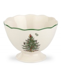 With an historic pattern and fluted silhouette, the Christmas Tree footed bowl from Spode's collection of serveware and serving dishes is a festive gift to holiday dining. A full evergreen tree with baubles, tinsel and perfectly wrapped packages sets the table for celebration.