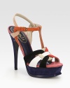 Vibrant, multicolored suede slingback with an adjustable t-strap and an island platform. Self-covered heel, 5½ (140mm)Island platform, 1½ (40mm)Compares to a 4 heel (100mm)Suede upperLeather lining and solePadded insoleMade in ItalyOUR FIT MODEL RECOMMENDS ordering one half size up as this style runs small. 