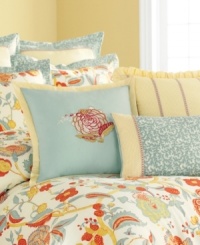 The Elizabetha completer set from Martha Stewart Collection offers an exotic look for the bedroom, featuring floral embellishments, stripe patterns and ruffle accents in a vibrant palette of yellow, red and blue.