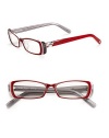 THE LOOKPlastic two-tone framesRectangle shapeAustrian stone details on temples and tipsTHE COLORRed and translucent grey frames with clear lensesORIGINImported