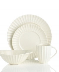 Radiant in pure white, Dynasty white dinnerware from Sasaki's collection of place settings offers endless versatility. Durable porcelain crafted for every day and special occasions is defined by fluted accents and a glossy finish. A flared bowl shape puts a modern spin on the classic 4-piece place setting. (Clearance)