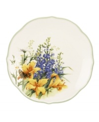 Garden party. These Floral Meadow Daylily dinner plates bring eternal spring with a bouquet of white, orange and blue rooted in resilient everyday porcelain. A scalloped edge adds to the charm of the graceful mix-and-match Lenox collection. (Clearance)