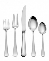 Tailored and understated in polished sterling silver, the Fairfax flatware set from Gorham's collection of place settings has a distinctive pattern that coordinates with a wide range of contemporary formal atmospheres.