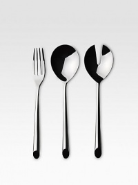 A set of elegant serving pieces are crafted with supple, organic shapes in dishwasher-safe 18/10 stainless steel. Set includes a serving spoon, slotted serving spoon and serving fork. 3 total pieces 18/10 stainless steel Machine wash Imported 