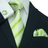 Landisun 14G Bright Green Stripes Mens Silk Tie Set: Tie+Hanky+Cufflinks