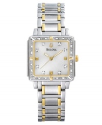 Add a special sparkle to your look with this beautiful watch by Bulova. Goldtone & silvertone stainless steel bracelet and square case. Diamond accents at bezel. Silvertone dial with diamond accents at markers, logo and goldtone accents. Quartz movement. Water resistant to 30 meters. Three-year limited warranty.