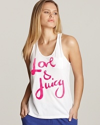 A knit tank top with flocked Love & Juicy printed on front.