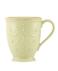 With fanciful beading and an antiqued edge, this Lenox French Perle mug has an irresistibly old-fashioned sensibility. Hardwearing stoneware is dishwasher safe and, in a soft pistachio hue, a graceful addition to every meal.