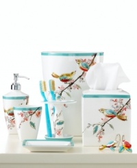 Featuring the blossoming branches and water-colored birds of the whimsical dinnerware pattern, the Chirp tissue holder from Lenox Simply Fine brings the beauty of the outdoors right inside your bath.