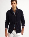 Drawing on nautical inspiration, a handsome shawl-collar cardigan is crafted from a hearty cotton-linen blend with organic chino elbow patches and rustic rope-and-toggle closures for an authentic appeal.Toggle closureShawl collarChino elbow patchesFront patch pocketsRibbed cuffs and hem55% linen/45% cottonDry cleanImported