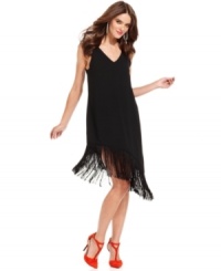 Fringe trim adds texture and movement to this RACHEL Rachel Roy dress for stylish soiree look -- elevate it with statement sparklers!