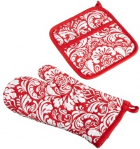 DII tango Red Printed Damask Oven Mitt and Potholder Set