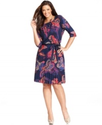 Be a stylish standout at the office with Charter Club's three-quarter-sleeve plus size dress, featuring a bold print and pleated skirt. (Clearance)