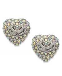 Follow your heart. These ladylike heart stud earrings feature multi-color pave crystals and a silver tone logo banner. Crafted from silver tone mixed metal. Approximate diameter: 3/8 inch.