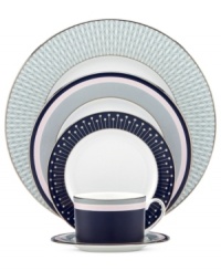 Special occasions shape up chic with the platinum-banded china of Mercer Drive dinnerware. Geometric designs and bands of color straddle the line between fun and formal in a place setting that's quintessential kate spade new york.