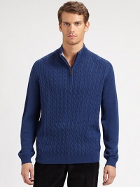 A perfect mix of sporty and preppy, with cable-knit details and an easy half-zip closure.Ribbed mockneck collarHalf-zip frontLong sleeves with ribbed cuffsRibbed hemMerino woolDry cleanImported