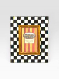 Display your treasured moments in this opulent, hand-painted frame with gilt inner molding.Hand-painted checks on enameled steelGlassAccommodates a 4 X 6 photographOverall, 9 X 11Linen-covered easel and backImported