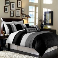 8pcs Modern Black White Grey Luxury Stripe Comforter (90x92) Set Bed in Bag - Queen Size Bedding