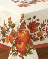 A cornucopia of fall, the Harvest Medley tablecloth features a lavish leaf and pumpkin print with elegant damask detail. (Clearance)