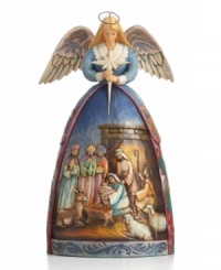 Jesus and the holy family get acquainted in this classic nativity scene, hand-painted in an angel's gorgeous gown. A meaningful gift or beautiful piece for prominent display, with the incredible detail of Jim Shore.