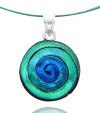 Sterling Silver Dichroic Glass Green Spiral Pendant Necklace on Stainless Steel Wire, 18