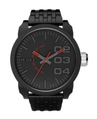 Slip under the radar with this stylishly blacked-out watch by Diesel. Black plastic bracelet and round black-plated stainless steel case, 67x60mm. Matte white dial features applied gray stick indices, minute track, large numerals at two, three and four o'clock, logo and three hands. Quartz movement. Water resistant to 30 meters. Two-year limited warranty.