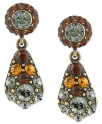 Bohemian beauties from 2028. These drop earrings feature chic color with topaz and black diamond glass accents. Crafted in burnished brass. Approximate drop: 1 inch.