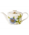 An exotic beauty, the Amazonia teapot brings a room to life with flora and fauna from the rainforest. Luscious color and sumptuous gold accents adorn the premium bone china of Villeroy & Boch.