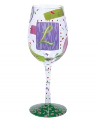 Confetti, streamers and words starting with your initial of choice make Lolita's hand-painted Love My Letter L wine glass a must for Lisa, Leah and Lily. With a signature drink recipe on its base.