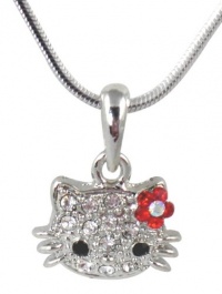 Small Kitty 1/2 Crystal Pendant and Necklace - Red Flower Bow