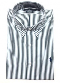 Ralph Lauren Mens The Classics Button-down Dress Shirt in White with Green and Navy Blue Stripes; Navy Blue Pony (CUSTOM FIT)