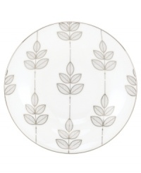 Clusters of gleaming leaves rain down on white bone china dessert plates trimmed in platinum. From Lenox Lifestyle dinnerware, these dishes are playfully modern and naturally chic, and have an enchanting look that's fresh and perfect for every occasion.