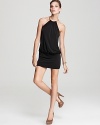 This Laundry by Shelli Segal mini dress boasts a gold coil halter neckline for a touch of gilded luxe.