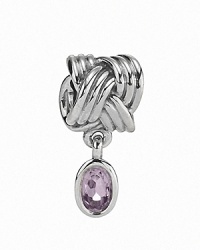 A bezel-set pink amethyst dangles from a sterling silver knotted charm. By PANDORA.