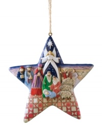 Stars align every Christmas with this beautiful ornament, featuring a nativity scene with elaborate patterned detail crafted in the traditional style of Jim Shore.