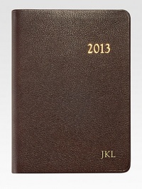 The ideal social agenda, featuring month-at-a-view and week-at-a-view pages, daily note pages plus maps, travel and holiday information.Hand-crafted, Smyth-sewn goatskin leather coverGilt-edged acid-free creamy white paperAbout 5½W X 7½HMade in USA