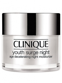 Youth Surge Night Age Decelerating Night Moisturizer. Building on Sirtuin technology, Clinique science uses youth-extending agents to create a nightly moisturizer that helps intensify the nightly cycle of natural repair. Plumped with natural collagen, lines and wrinkles appear to evaporate. Skin gains that energized 8-hour effect come morning.For Very Dry to Dry Skins 1.7 oz. 