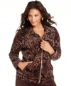 Look fierce while you lounge in Style&co. Sport's plus size velour jacket, featuring an animal-print.