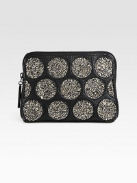 Crystal-encrusted polka dots add a hint of whimsy to this small leather pouch. Top zip closureFully lined7W X 6H X 2DImported