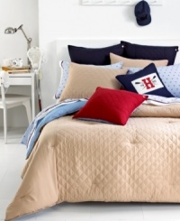 Clean, classic and comfortable! This Khaki Hilfiger Prep comforter boasts traditional Tommy Hilfiger styling with a touch of casual appeal. Allover diamond quilting and signature ribbon elements add extra dimension to your bed.