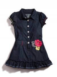 GUESS Kids Girls Denim Dress with Corsage, DARK STONEWASH (3T)