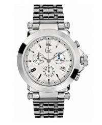 This bold chronograph by Gc Swiss Made Timepieces has a clean and classic feel, perfect for work or play. Polished stainless steel bracelet and round case. Textured silvertone dial features numerals at twelve and eight o'clock, stick indices, date window and three chronograph subdials. Swiss movement. Water resistant to 100 meters. Ten-year limited warranty. Luxury Gc gift box packaging included.