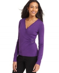 The basic long-sleeve top gets revamped by Charter Club with a flattering faux wrap design and a rich hue.