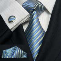 Landisun 80G Blue Green Stripes Mens Silk Tie Set: Tie+Hanky+Cufflinks Exclusive