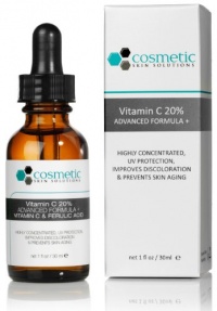 Vitamin C 20% Serum Advanced Formula + 1 oz / 30 ml - 20% Vitamin C, 0.5% Ferulic acid, and hyaluronic acid. Highly concentrated, UV protection, prevents skin aging.