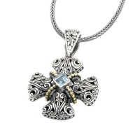 925 Silver & Blue Topaz Pattee Design Celtic Cross Pendant with 18k Gold Accents