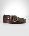 A nod to vintage workwear, this burnished leather belt features an oxidized brass double-ring closure for vintage appeal.