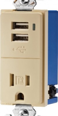 Cooper Wiring Devices TR7740V-K Combination USB Charger with Tamper Resistant Receptacle, 2-Pole, 3-Wire Grounding, Ivory